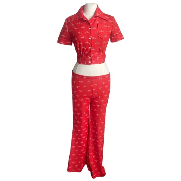 Vintage Pants - VINTAGE Red Crop Top Track Suit Size Small